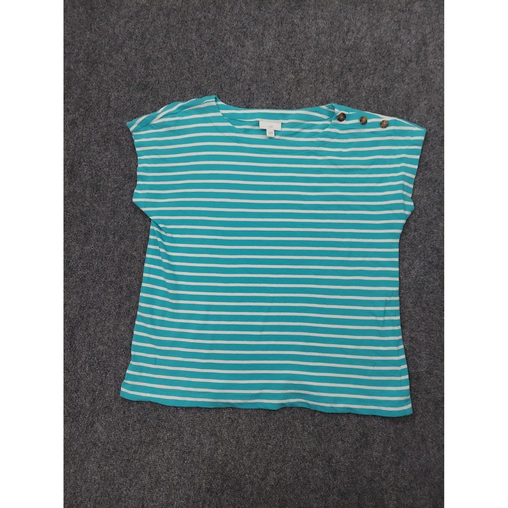 J Jill Top Womens Medium Aqua Blue Striped Cotton Button Shoulder Short Sleeve